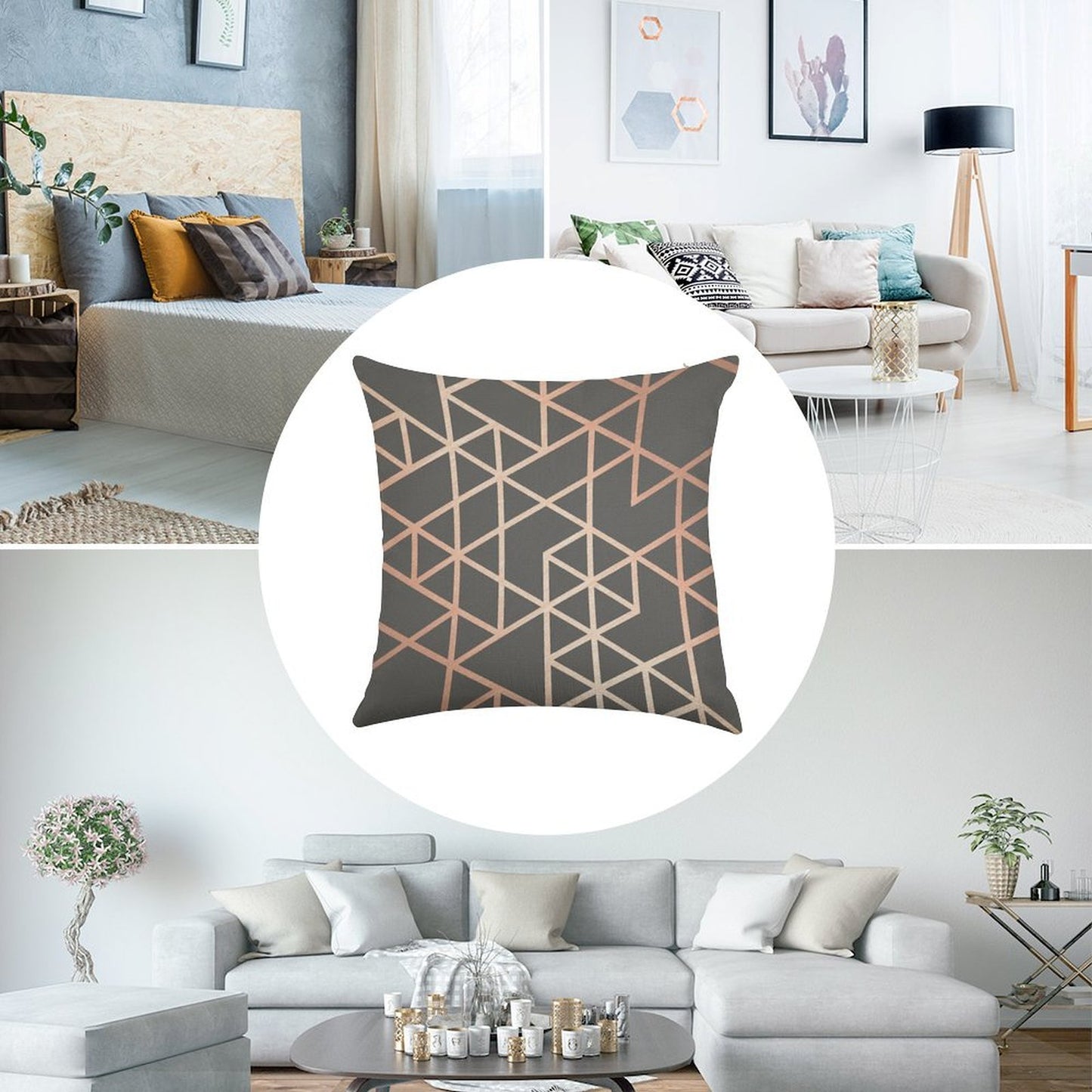 Rose Gold And Gray Geometric Pattern Linen Throw Pillow Cover