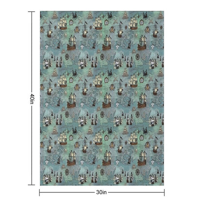 Pirate Map Nautical Sea Print Ocean Blue & Sea Glass Green Throw Blanket