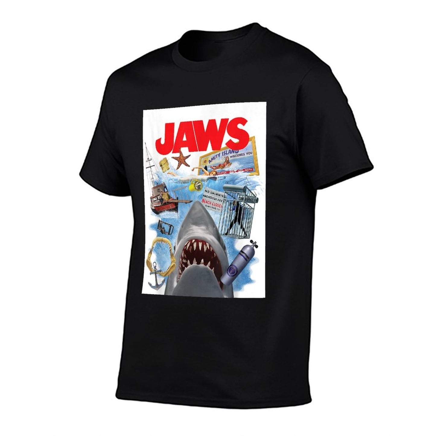 Jaws 50th Anniversary Poster Amity Island Collage 2-Sided  Cotton T-Shirt
