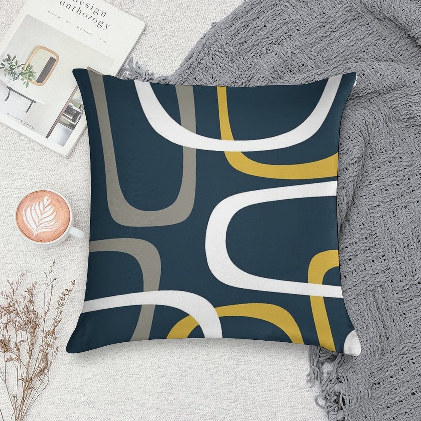 Midcentury Modern Loops Retro Pattern in Light Mustard, Grey, White, And Navy Blue Soft Anti-Pilling Throw Pillow