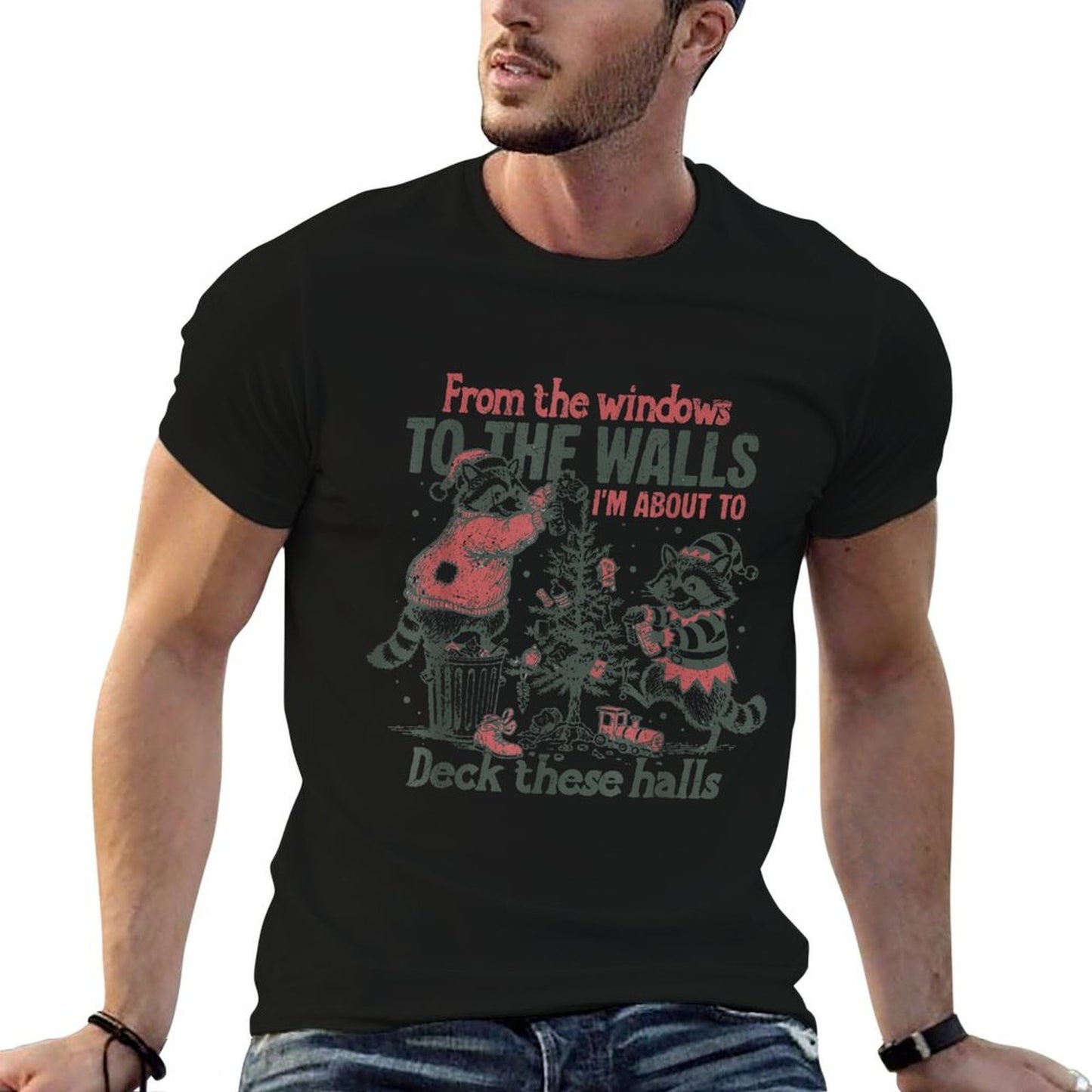 Retro from The Windows to The Walls Funny Raccoon Christmas  Fade-proof Color T-Shirt