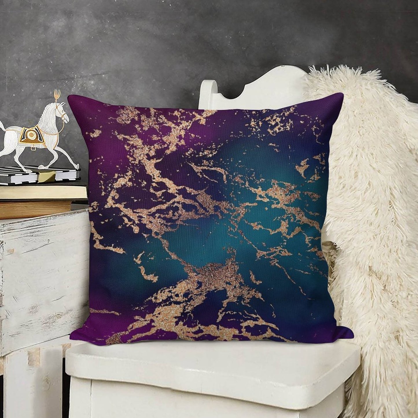 Jewel Tone Rose Gold Marble  Turquoise Blue And Purple Linen Throw Pillow Cover