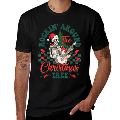 Retro Rockin Around The Christmas Tree Skeleton Plays Guitar  Lightweight T-Shirt