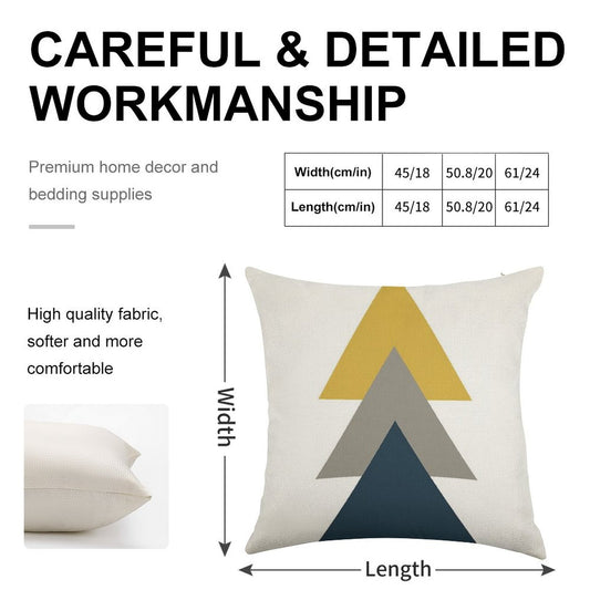Triangle Trio. Minimalist Geometric in Light Mustard Yellow, White, Grey, And Navy Blue Linen Throw Pillow Cover