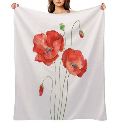 Hand Painted 2 Orange Poppies Watercolor Painting Throw Blanket