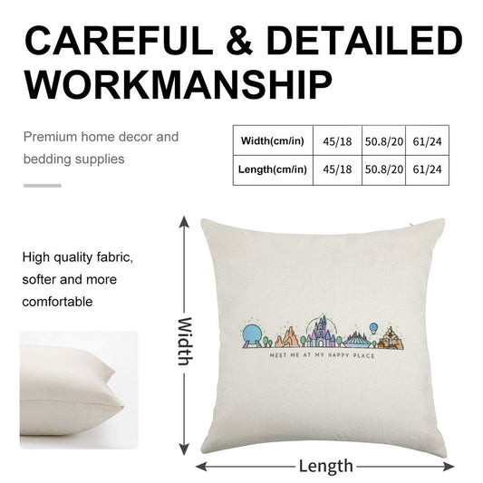 Meet Me at My Happy Place Vector Orlando Theme Park Illustration Design Linen Throw Pillow Cover