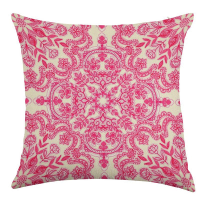 Hot Pink & Soft Cream Folk Art Pattern Linen Throw Pillow Cover