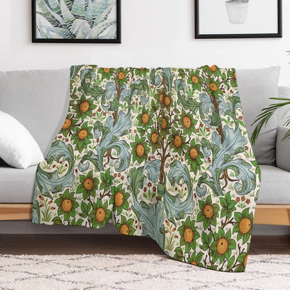 ORANGE TREE WITH BLUE GREEN LEAVES ,FLOWERS Soft Floral Art Nouveau Pattern Throw Blanket