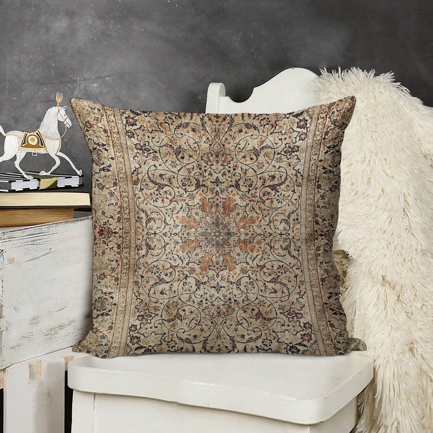 Silk Esfahan Persian Carpet Print Linen Throw Pillow Cover