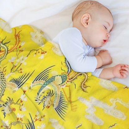 Five Phoenixes in The Garden ,Chinese Imperial Bright Yellow Floral Tapestry Throw Blanket