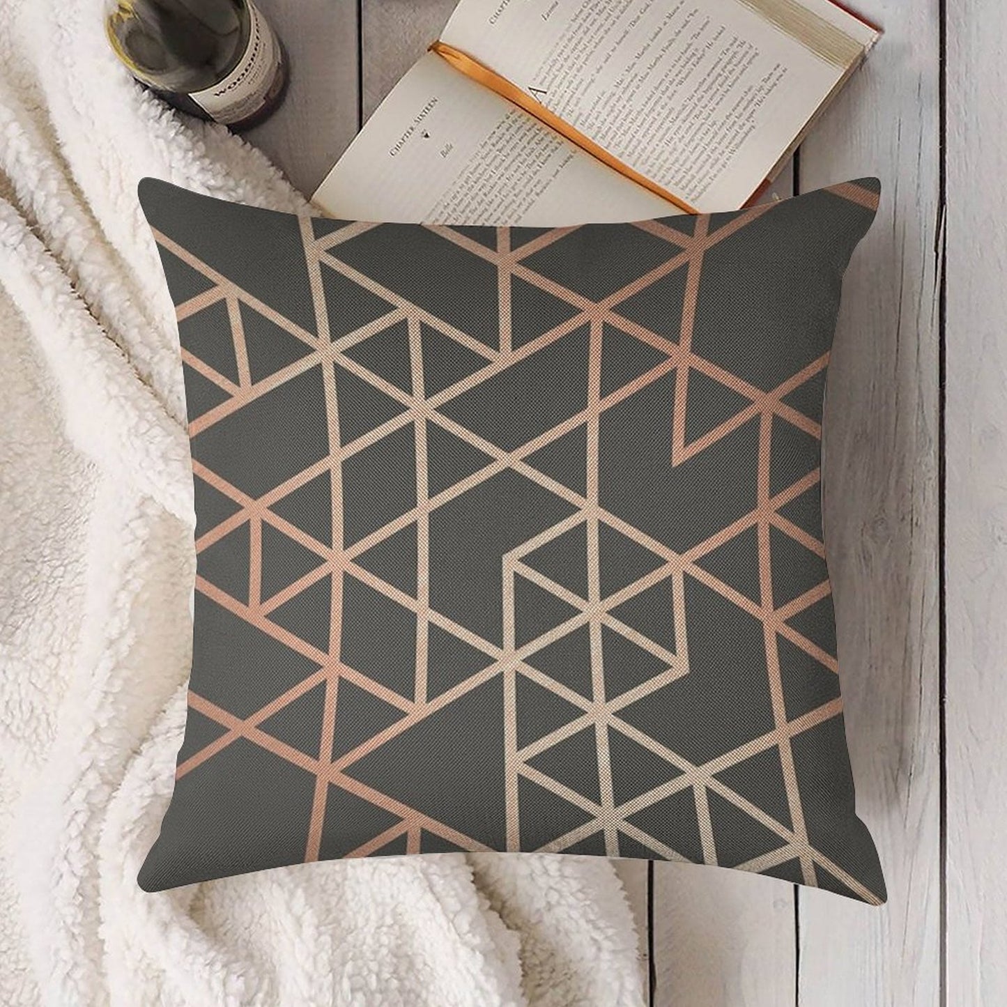 Rose Gold And Gray Geometric Pattern Linen Throw Pillow Cover