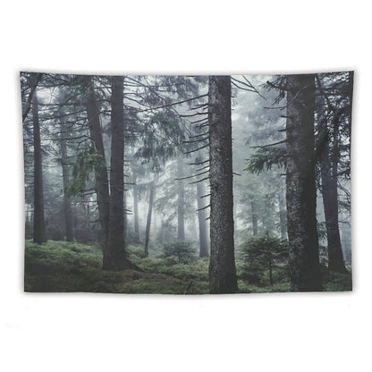 Path Vibes  Wild Romantic Misty Retro Fall Wilderness Fairytale Forest With Cascadia Trees Covered In Magic Blue Fog Season Tapestry