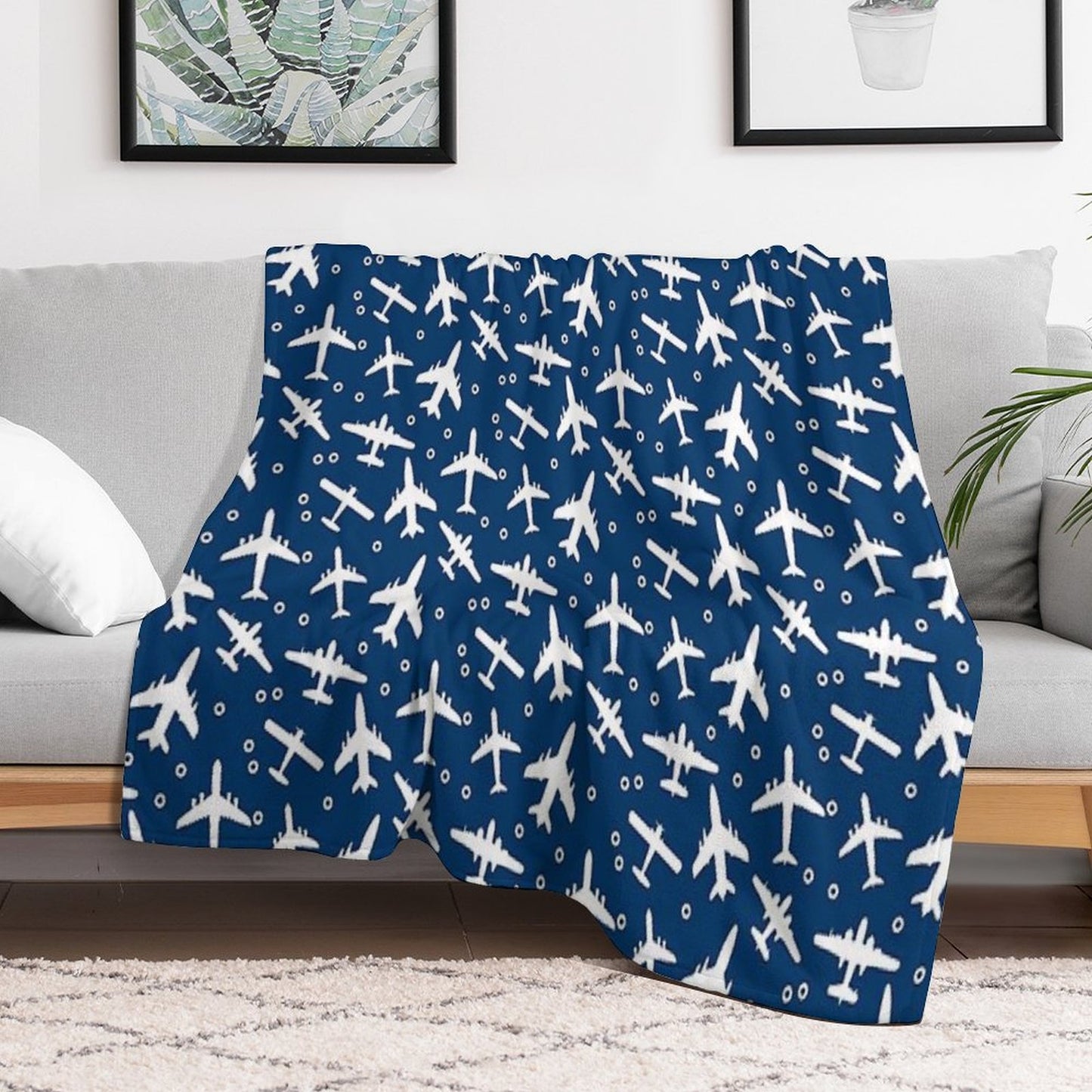 Blue And White Aeroplanes Silhouette Pattern Throw Blanket