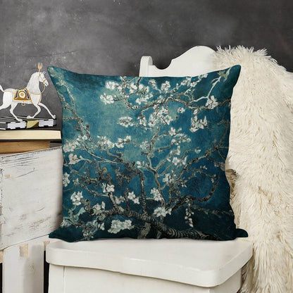 Van Gogh Almond Blossoms Dark Teal Linen Throw Pillow Cover