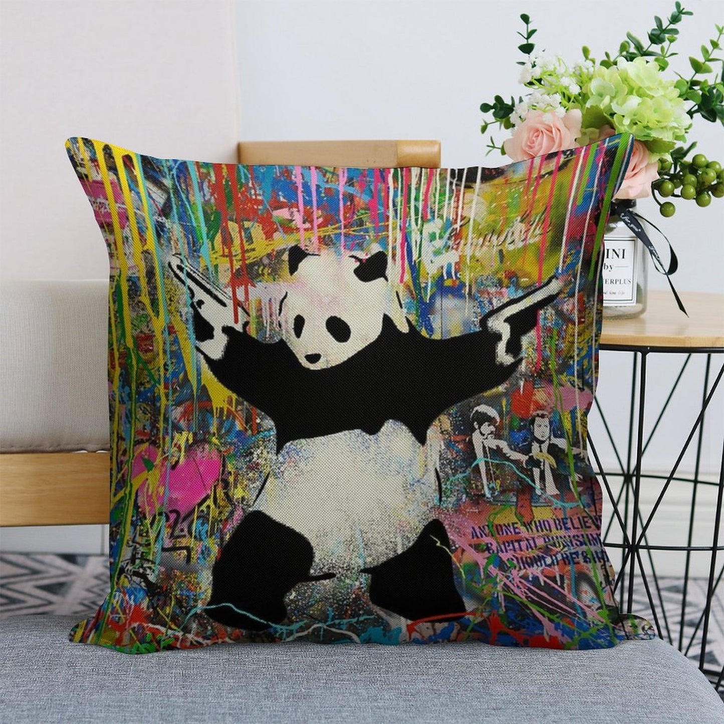 Panda With Guns Stick Em Up - Pop Street Art Banksy Linen Throw Pillow Cover