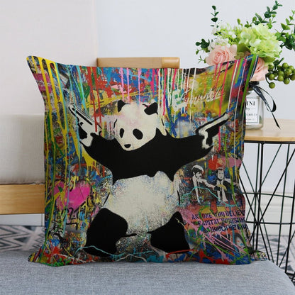 Panda With Guns Stick Em Up - Pop Street Art Banksy Linen Throw Pillow Cover