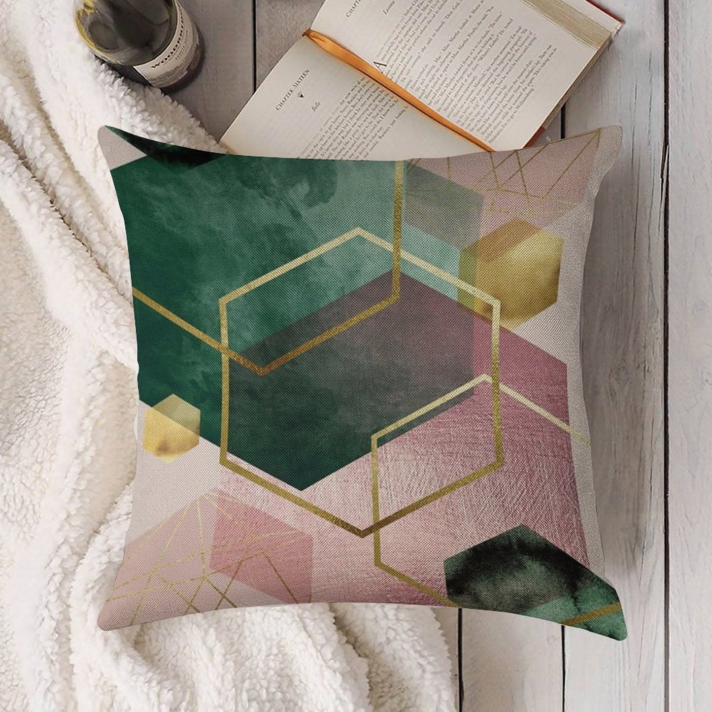 Emerald Green And Pink Geo No 1 Linen Throw Pillow Cover