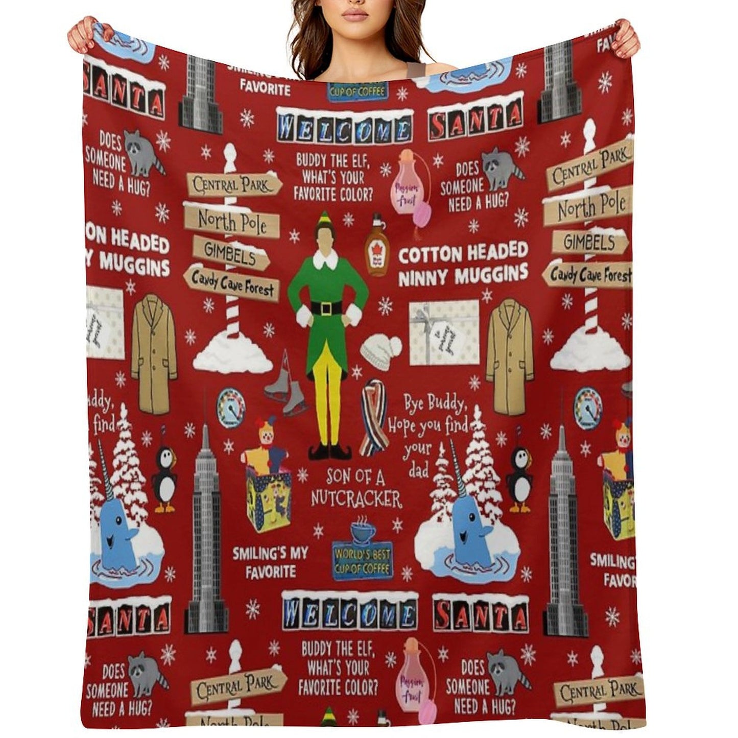 Buddy The Elf Collage, Red Background Throw Blanket