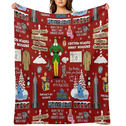 Buddy The Elf Collage, Red Background Throw Blanket
