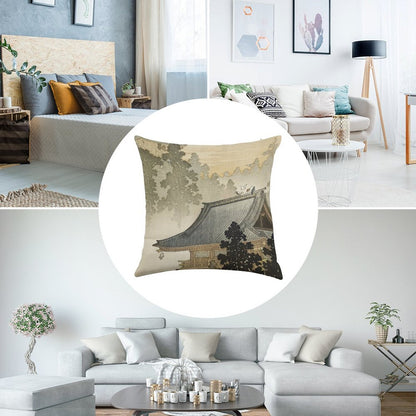 Pagoda - Japanese Art 1900s Linen Throw Pillow Cover