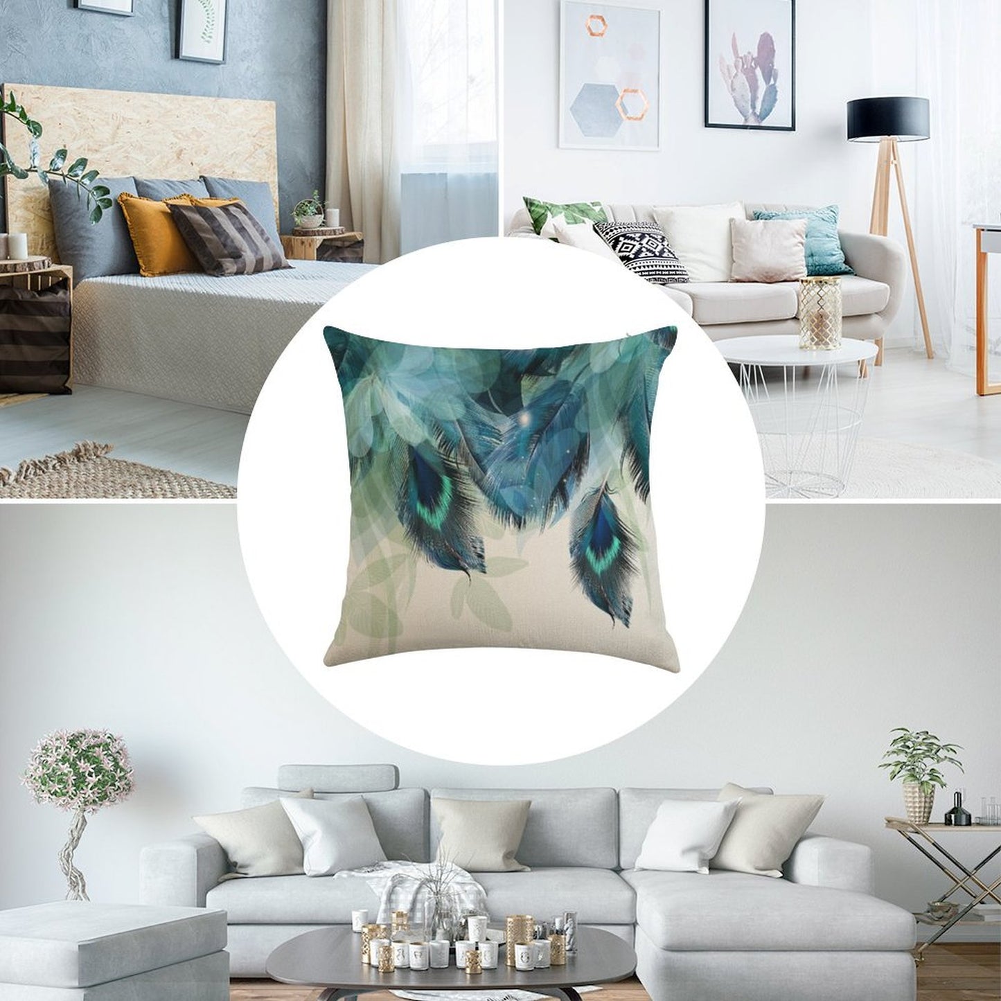 Peacock Feathers Turquoise Linen Throw Pillow Cover