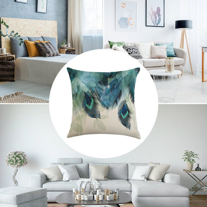 Peacock Feathers Turquoise Linen Throw Pillow Cover