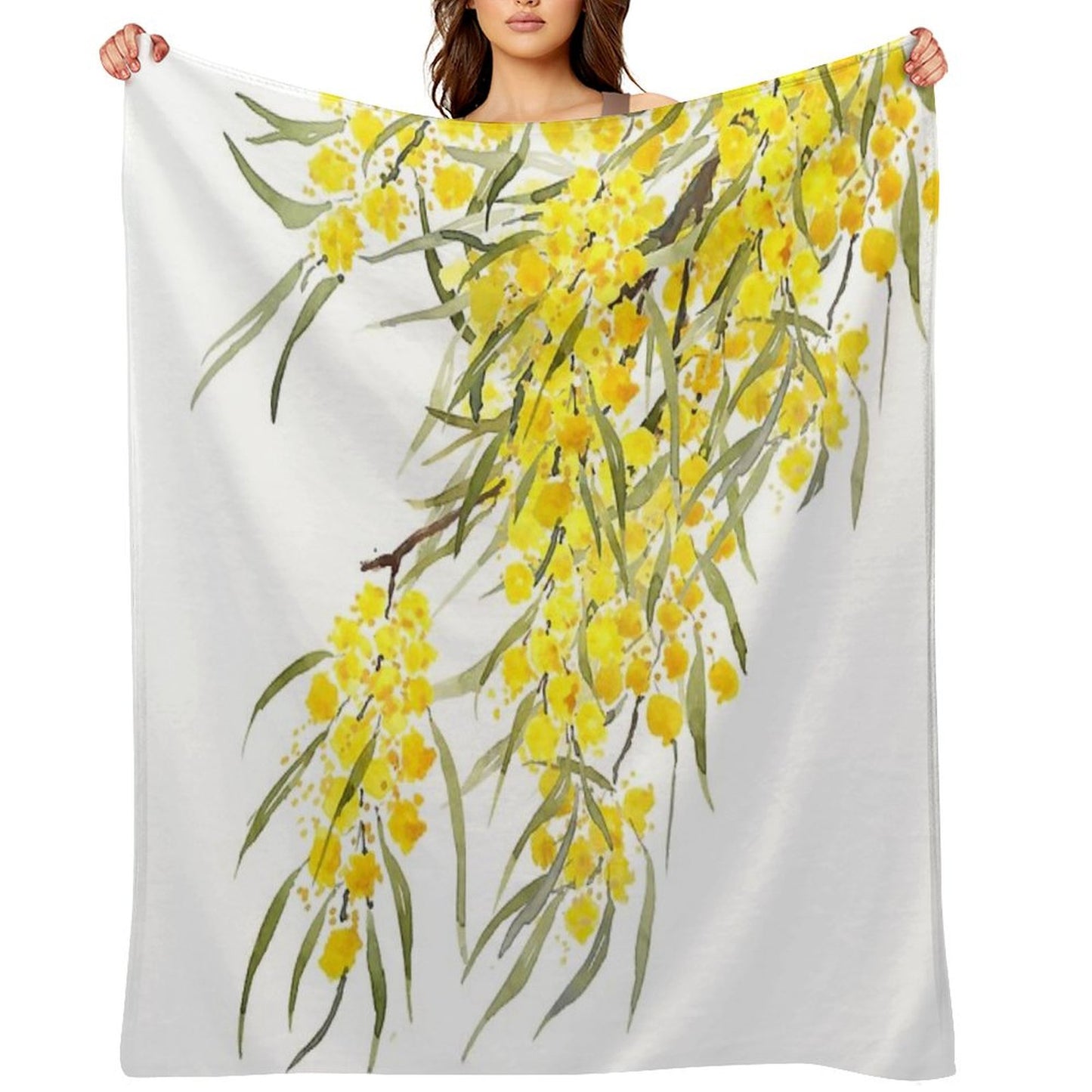 Hand Painted Golden Wattle Flower Watercolor Throw Blanket
