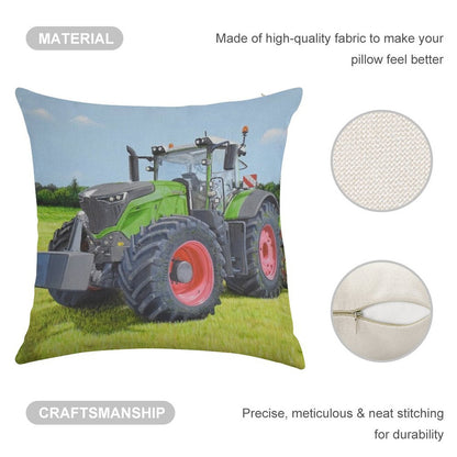 Green Tractor in Field Linen Throw Pillow Cover