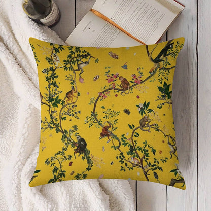Monkey World Yellow Linen Throw Pillow Cover