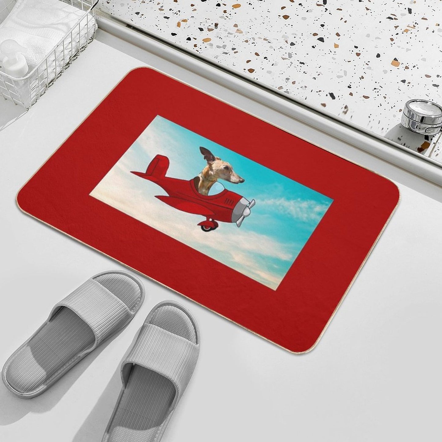 Red Background Flying Whippet Bath Mat