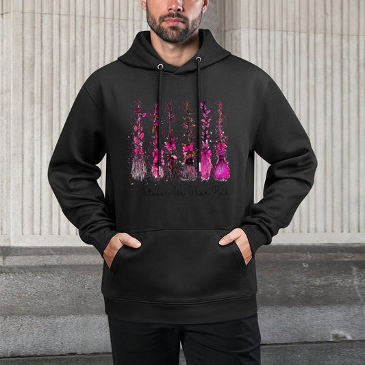 in October We Wear Pink Broom Witch Breast Cancer Halloween Unisex Design Hoodie