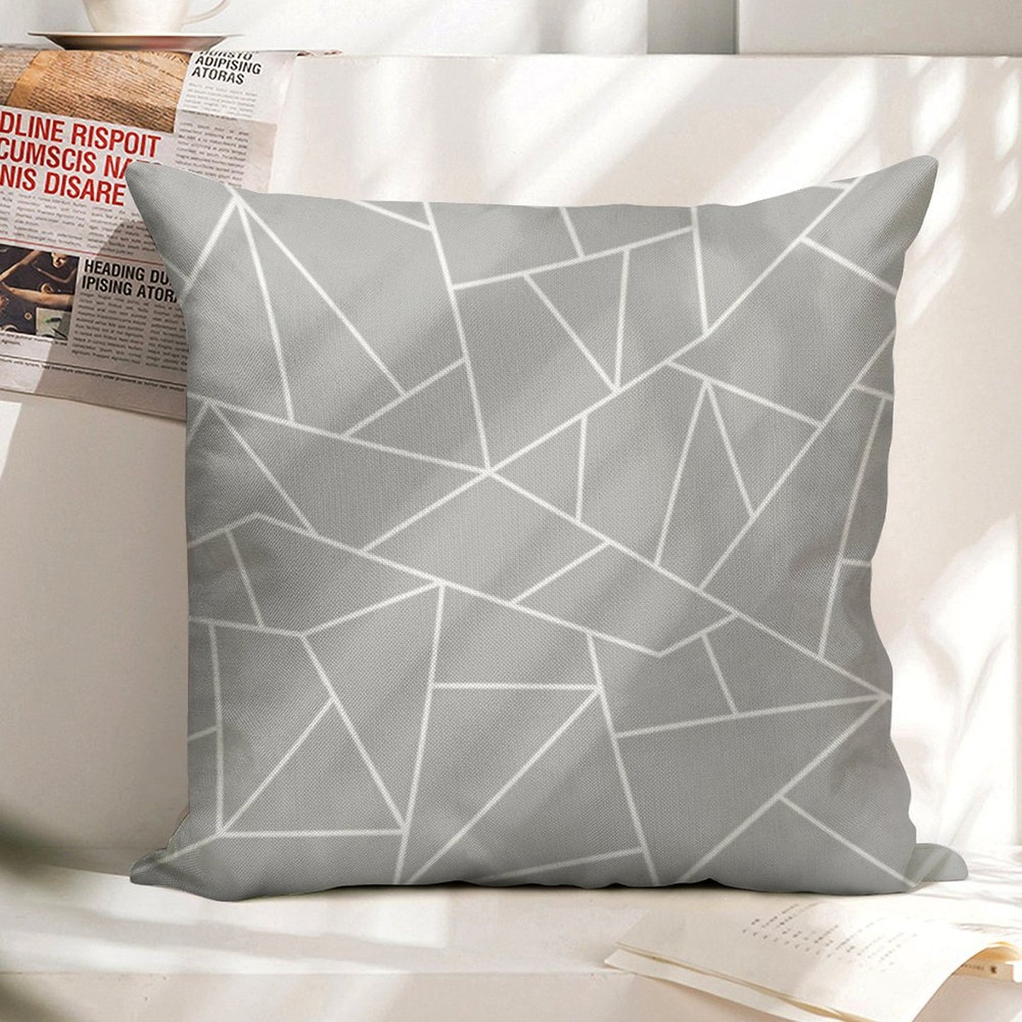 White Mosaic Lines On Silver Gray Linen Throw Pillow Cover