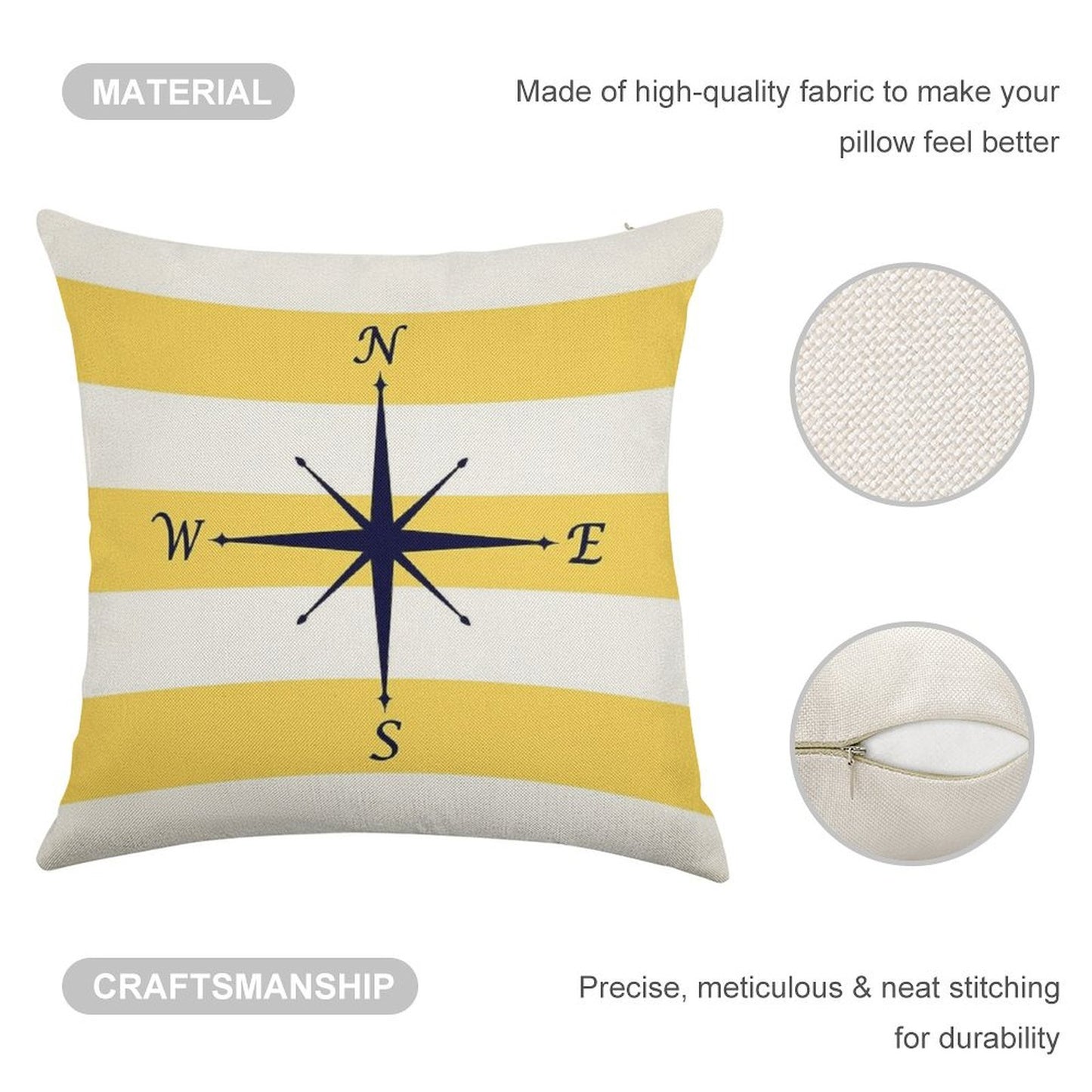 Navy Blue Compass On Mustard Yellow And White Stripes Linen Throw Pillow Cover