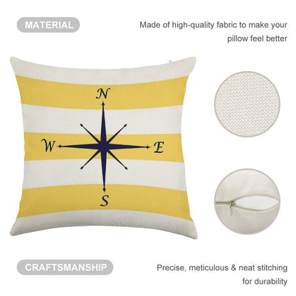 Navy Blue Compass On Mustard Yellow And White Stripes Linen Throw Pillow Cover