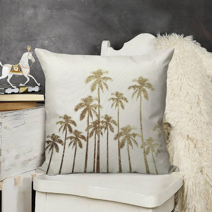 Glamorous Gold Tropical Palm Trees on White Linen Throw Pillow Cover
