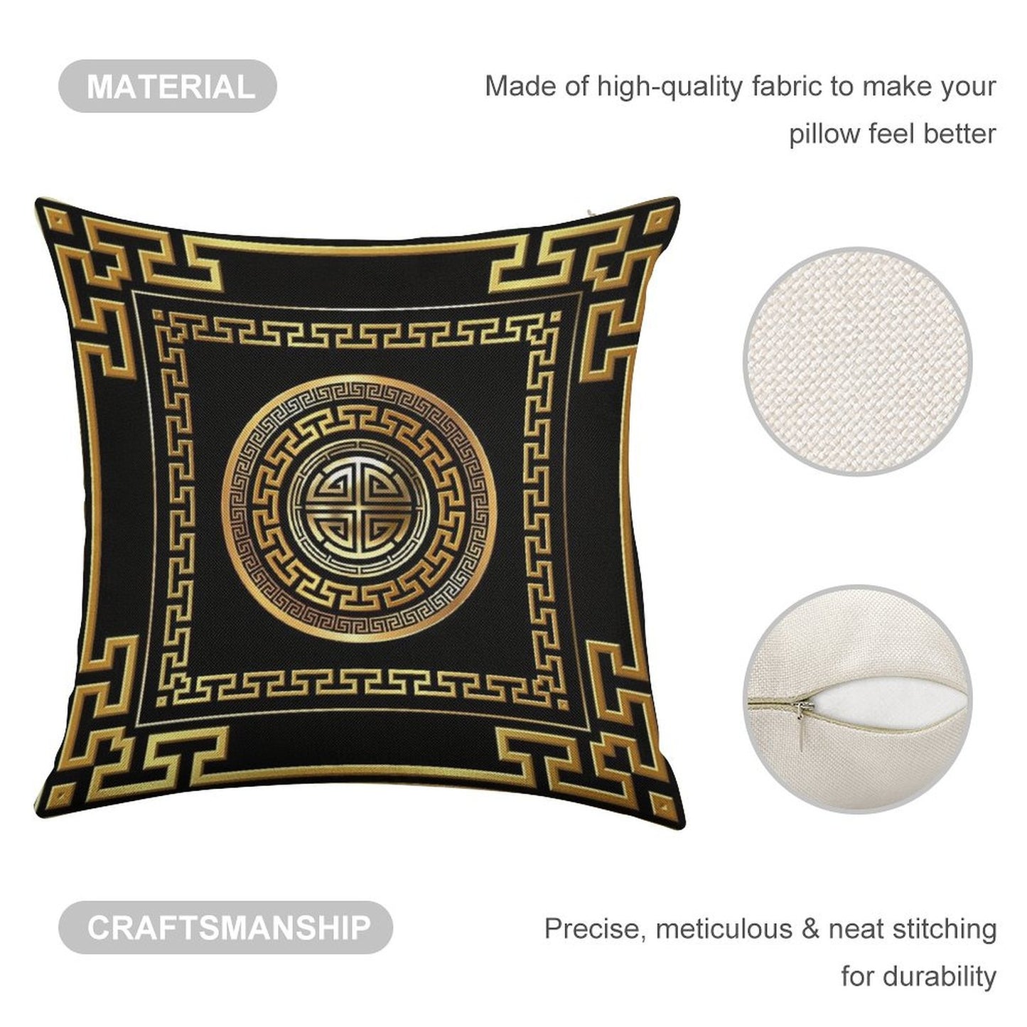 Greek Key Meander Black Gold Large Linen Throw Pillow Cover