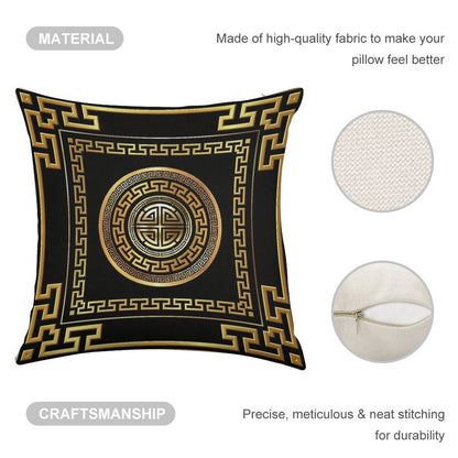 Greek Key Meander Black Gold Large Linen Throw Pillow Cover