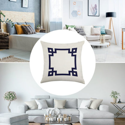 Navy Blue Greek Key Square On White Linen Throw Pillow Cover