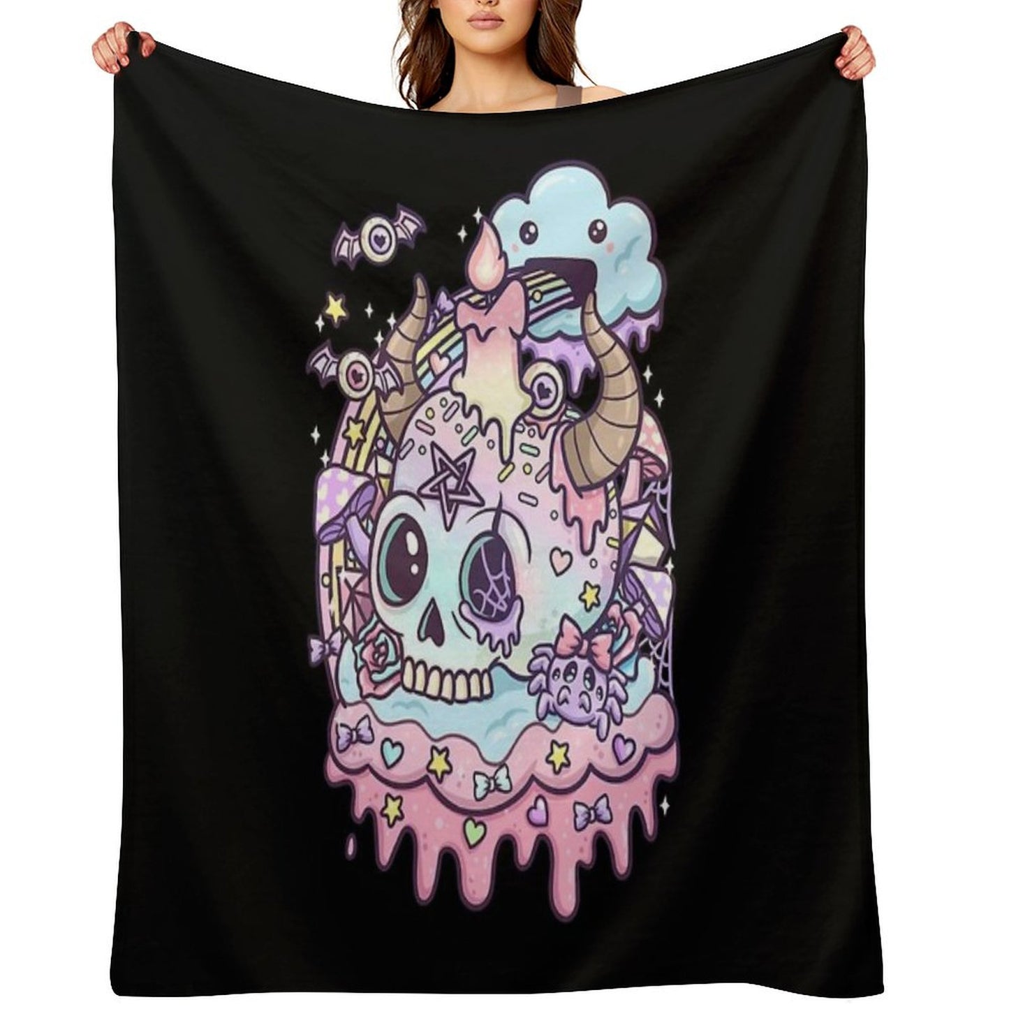 Pastel Goth Skull Kawaii Throw Blanket