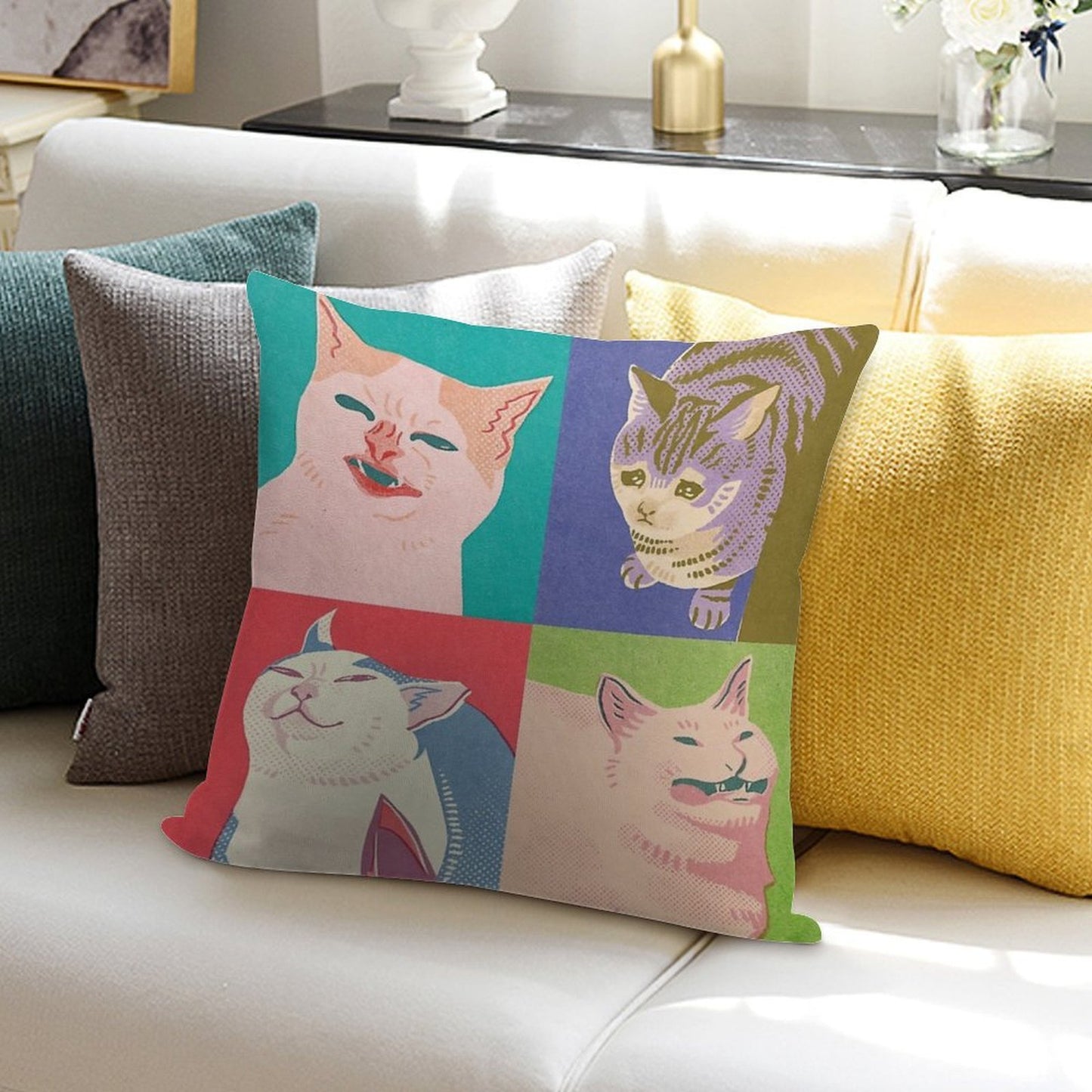 Four Meme Cats of The Apocalypse Soft Anti-Pilling Throw Pillow