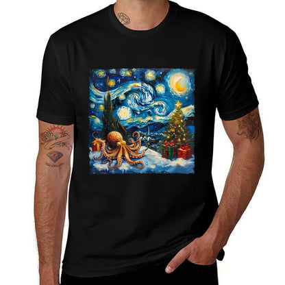 Christmas Octopus Starry Night Style Winter Artwork Holiday  Tagless Design T-Shirt