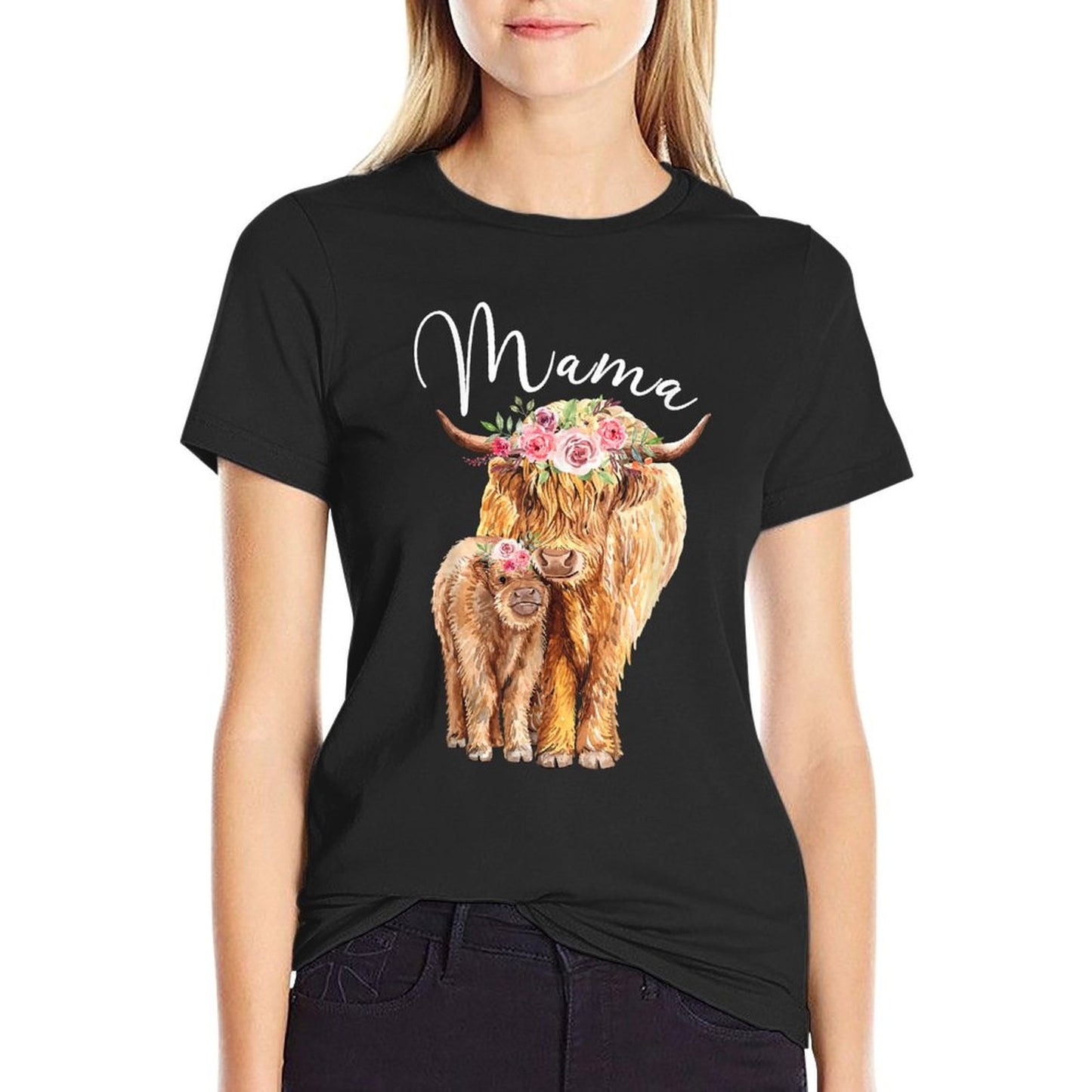 Mama Highland Cow With Baby Calf Floral Mothers Day Mom Gift T-Shirt