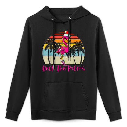 Deck The Palms Christmas Flamingo Palm Tree Tropical Xmas Cotton-Polyester Blend Hoodie