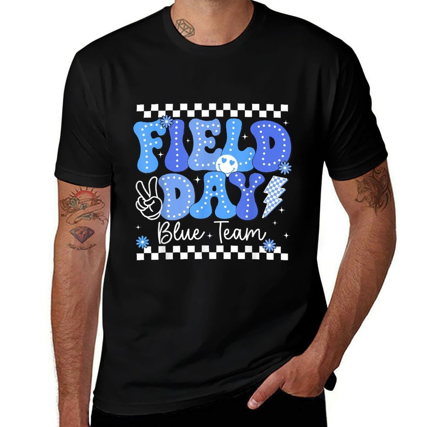 Field Day Trip Blue Team Color Game Competition Boys Girls  Ribbed Collar T-Shirt
