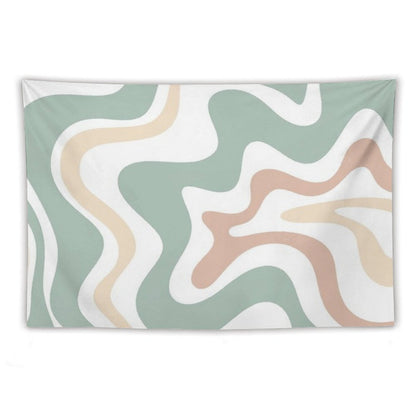 Liquid Swirl Retro Abstract in Light Sage Celadon Green, Light Blush, Cream, And White Tapestry