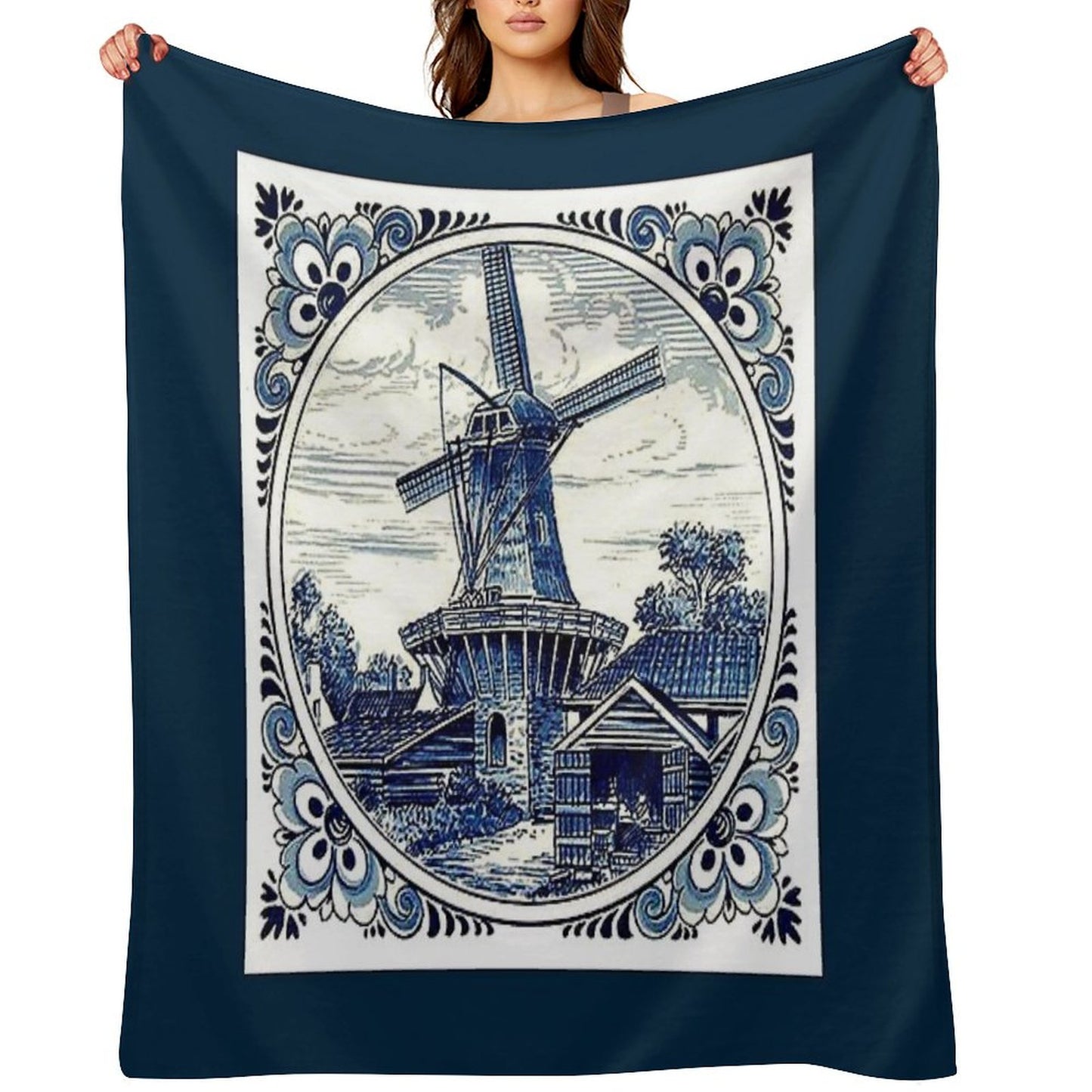DUTCH BLUE DELFT  Vintage Windmill  Print Throw Blanket