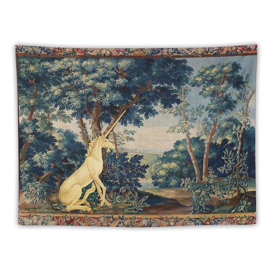 UNICORN IN WOODLAND LANDSCAPE AMONG GREENERY AND TREES Tapestry