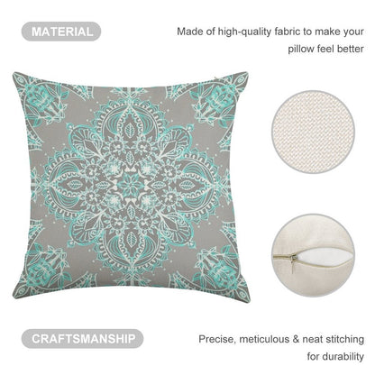 Teal And Aqua Lace Mandala on Grey Linen Throw Pillow Cover