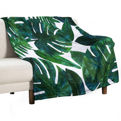 Tropical Nature Monstera Watercolor Painting, Botanical Jungle Dark Palm Illustration Throw Blanket