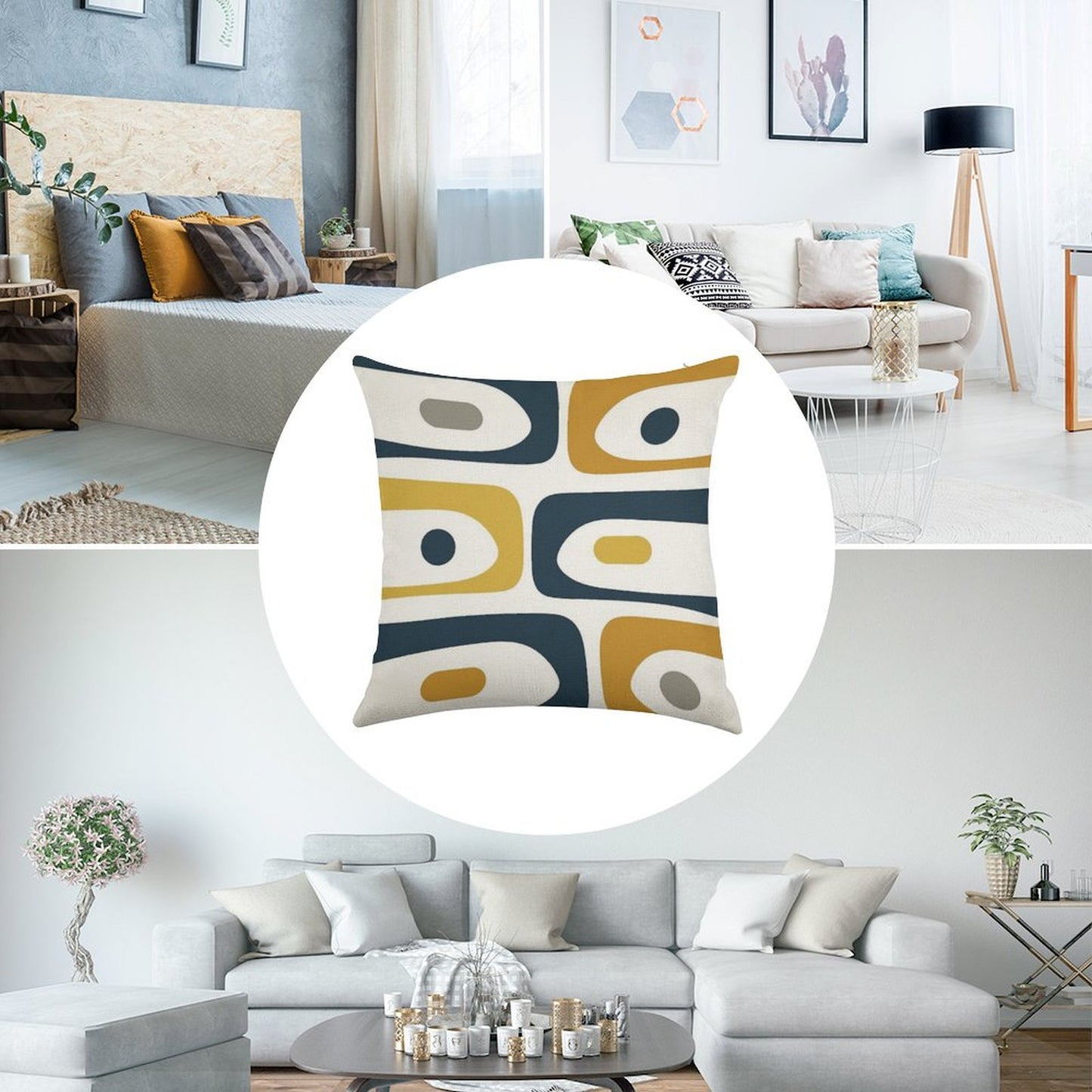 Mid Century Modern Piquet Abstract Minimalist Pattern in Navy Blue, Light And Dark Mustard, Grey, And White Linen Throw Pillow Cover